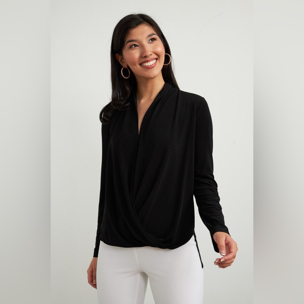 Joseph Ribkoff Women’s Black Draped Crossover Long Sleeve Top, Size 4 Classic